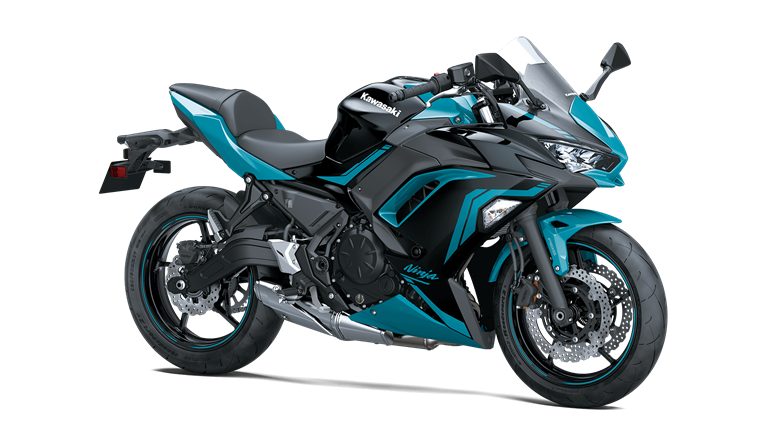 На зображенні мотоцикл Kawasaki 650 блакитного кольору 