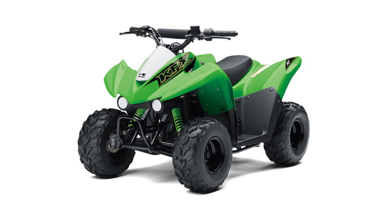 На зображенні квадроцикл Kawasaki KFX 50 зеленого кольору 