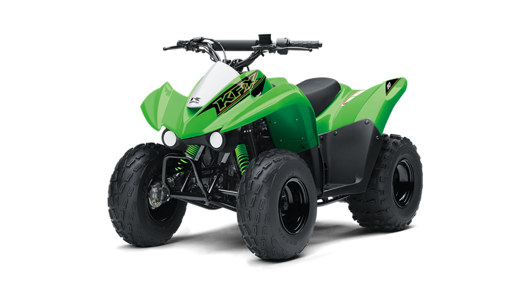 На зображенні квадроцикл Kawasaki KFX 90 зеленого кольору 